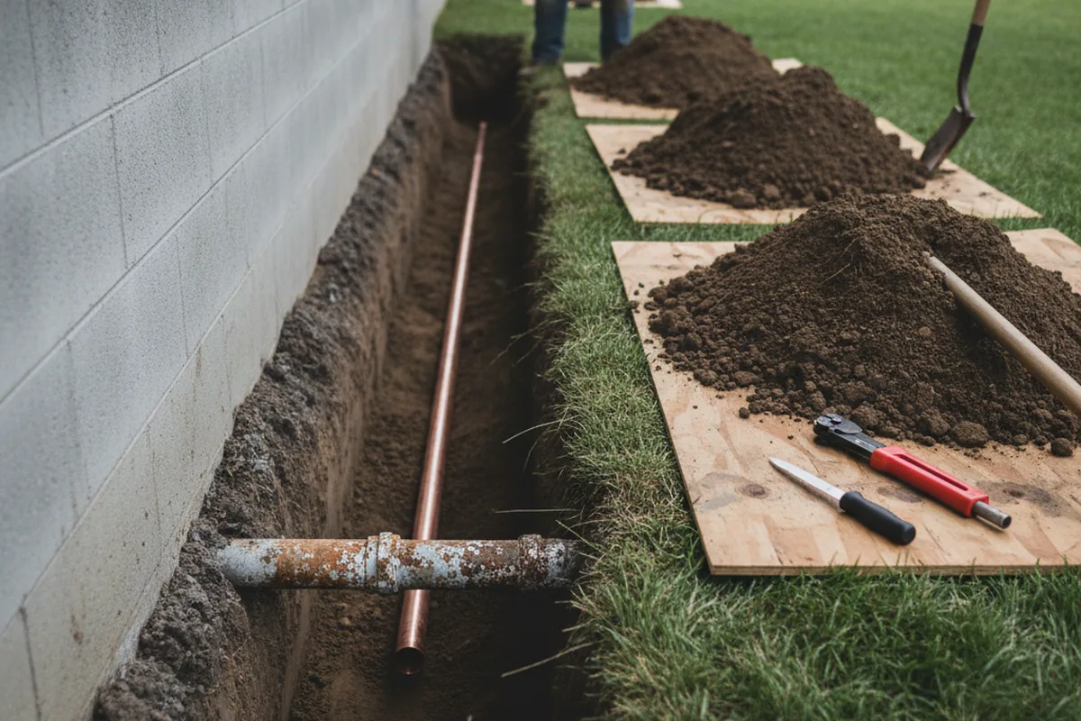 Excavated water line trench during Sewer Line Repair in Oceanside